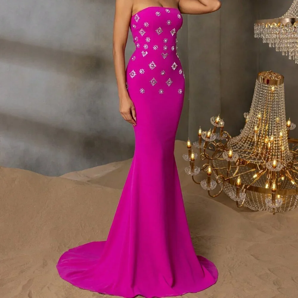 Hot Pink Elegant Women's Formal Maxi Dress with Strapless Sweetheart Neckline